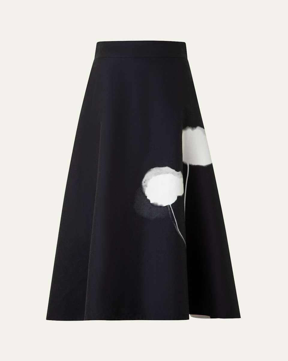 Windflower-Print Cotton Silk A-Line Midi Skirt